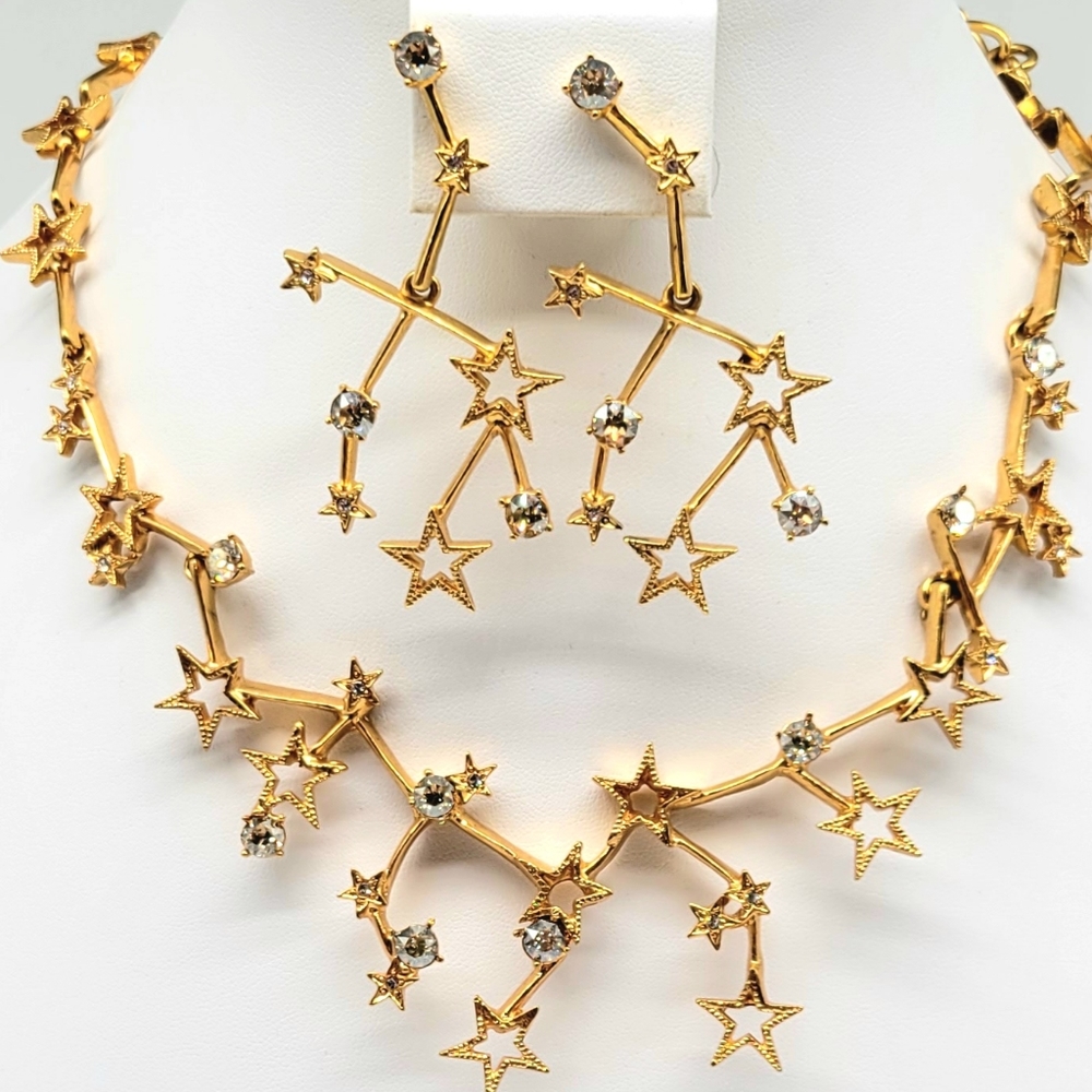 Oscar de La Renta Gold Constellation Necklace + Earring Set w Swarovski Crystals